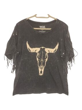 Social Scene Acid Wash Western Skull Fringe Studded Top L